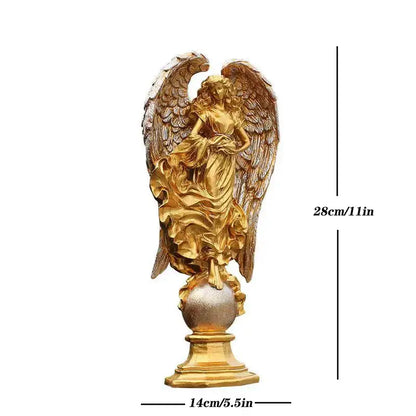 Golden prayer angel goddess statue with detailed wings and flowing robes on polished metallic sphere base for greek mythology decor