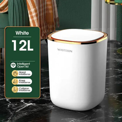 White wastein 12l smart sensor luxury trash bin with gold-trimmed lid and touch-sensitive open mechanism