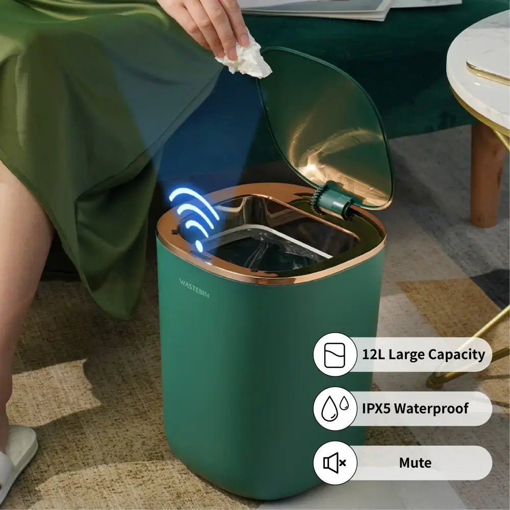 Teal and gold smart sensor luxury trash can with dual-compartment design for kitchen use