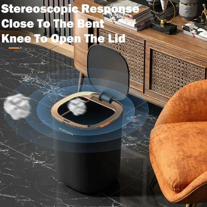 Black cylindrical smart sensor luxury trash can with gold hinged lid opening by bent knee for kitchen use