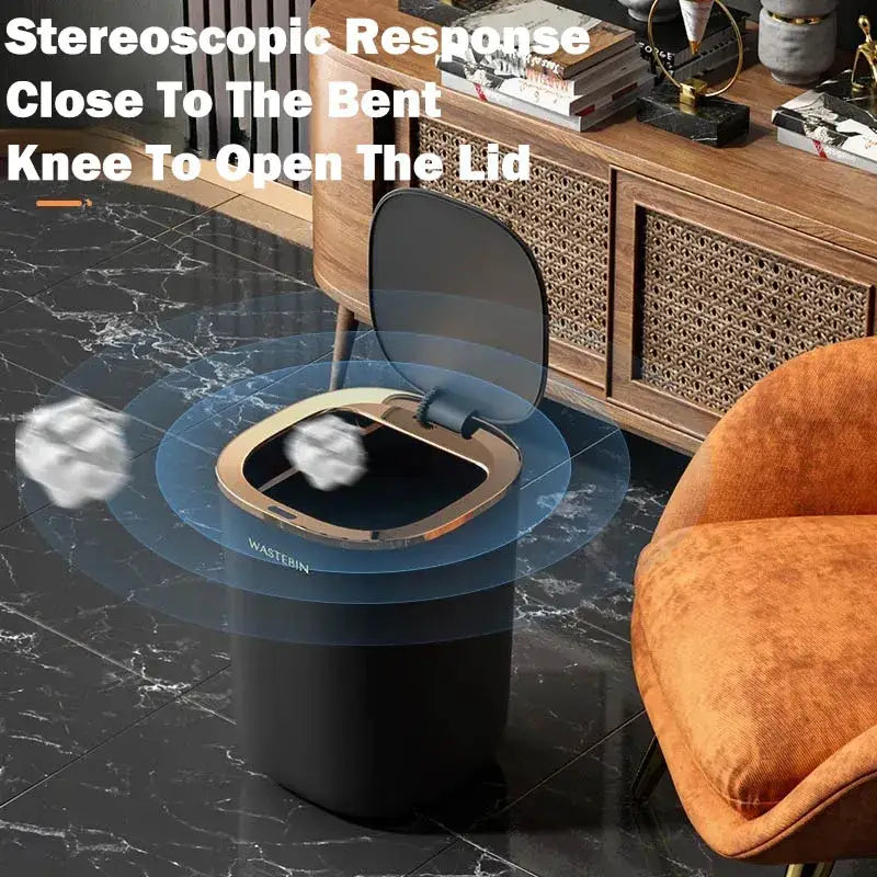 Black cylindrical smart sensor luxury trash can with gold hinged lid opening by bent knee for kitchen use