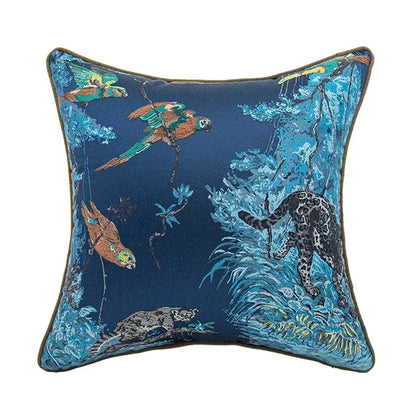 Deep blue decorbites jacquard sofa pillowcase set featuring vibrant parrots and leopard in lush jungle foliage
