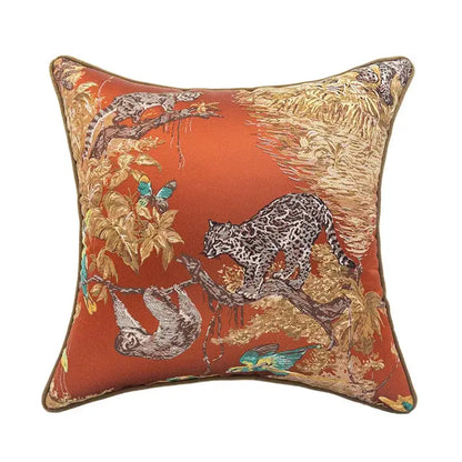 Square rust-orange jacquard sofa pillowcase set with intricate jungle animal embroidery for decorbites jacquard sofa