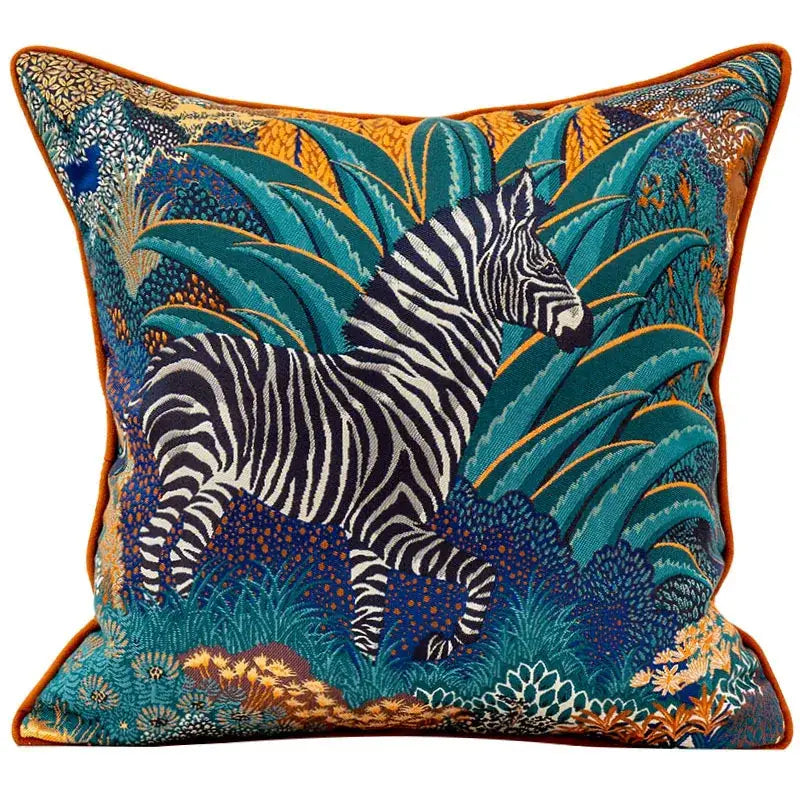 Teal and gold jacquard sofa pillowcase set featuring detailed embroidered zebra and tropical foliage decorbites jacquard sofa