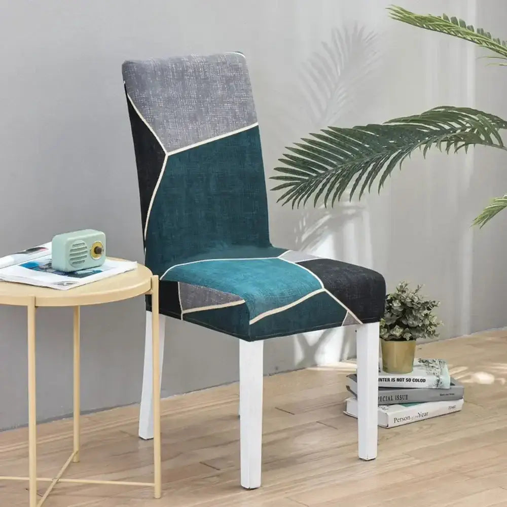 Teal gray geometric stretch chair cover with white stitching accents for dining room by decorbites geometric stretch