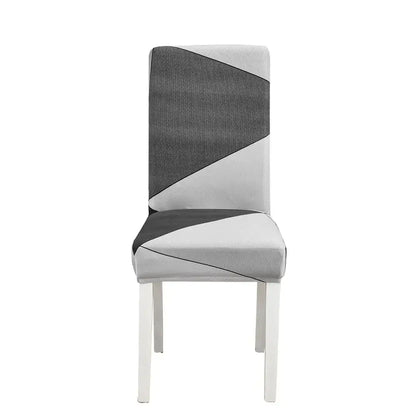 Modern gray and white geometric stretch chair cover with textured fabric finish for dining room decorbites geometric stretch