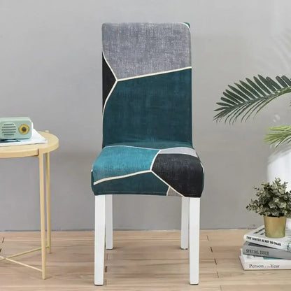 Teal and gray geometric stretch chair cover with white stitching accents for dining room decorbites geometric stretch slipcover