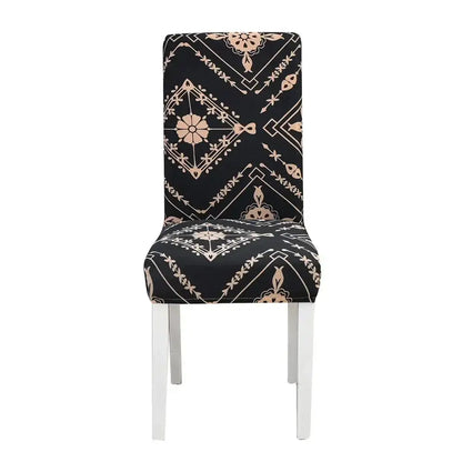 Black dining chair with beige white geometric floral decorbites geometric stretch cover and sleek white legs