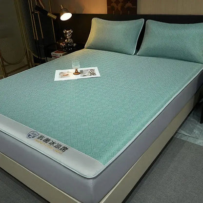Teal herringbone cooling silky soft fitted sheet set with white border designed for comfortable bedroom bedding