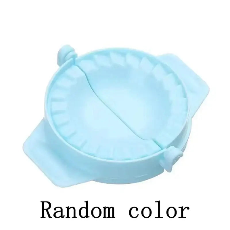 Light blue silicone dough press tool with fluted edge and handles for making dumpling skin and dumpling skin maker use