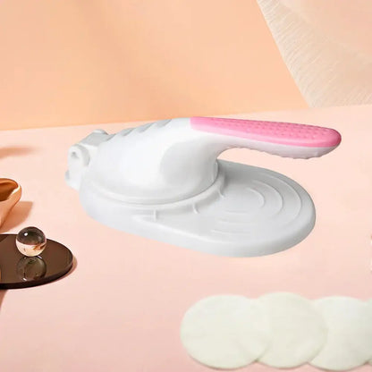 White and pink plastic dumpling skin maker with textured grip handle dough press tool for kitchen use