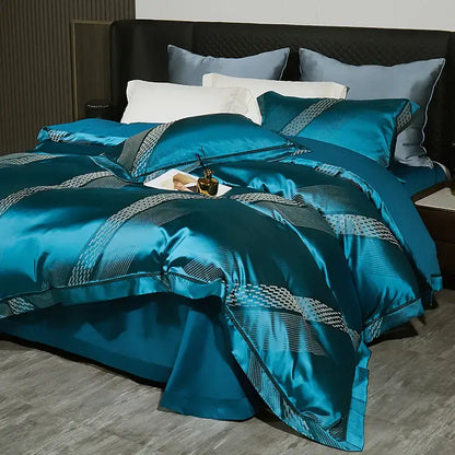 Teal satin duvet cover bedding set with geometric silver and white accents made from 1000tc egyptian cotton