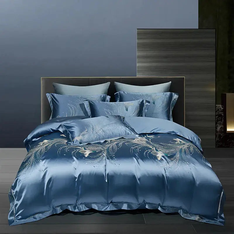 Luxurious satin blue bedding set with gold leaf embroidery in teal and silver geometric 1000tc egyptian cotton design