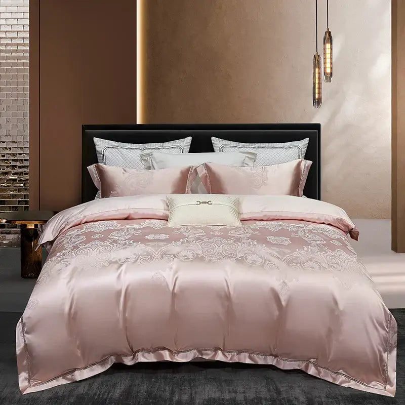 Pink satin duvet cover with white floral embroidery and matching pillow in a 1000tc egyptian cotton bedding set