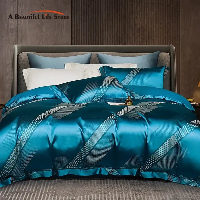 Teal satin duvet cover bedding set with diagonal silver and white geometric patterns made from 1000tc Egyptian cotton