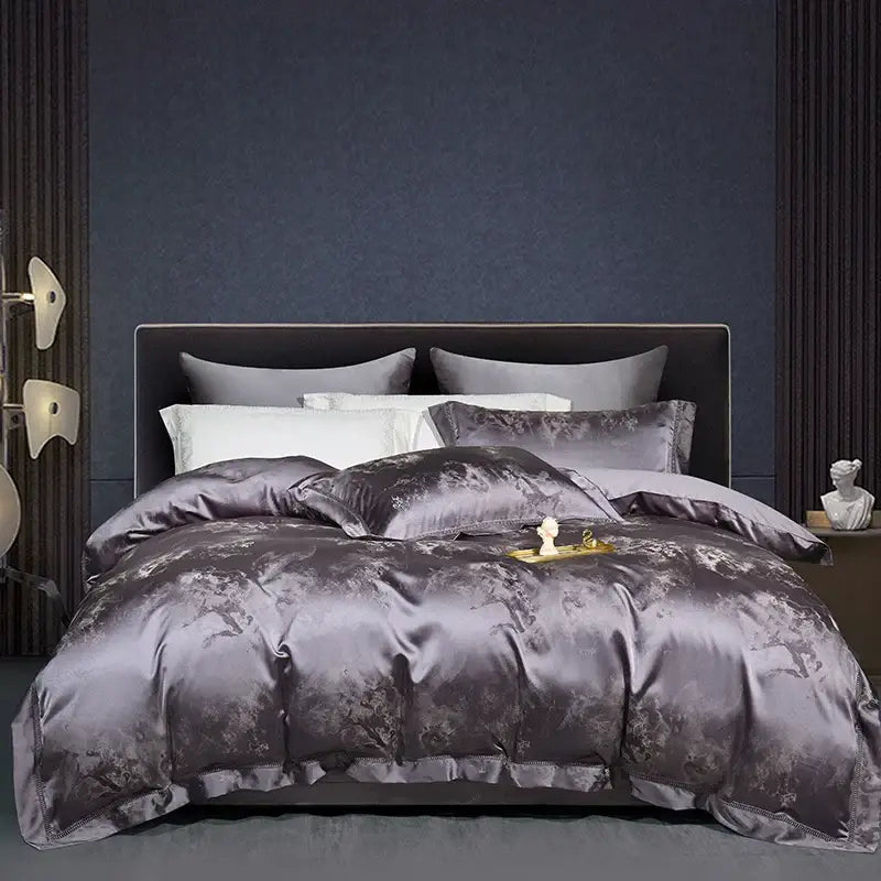 Luxurious dark gray satin duvet cover with floral pattern and matching pillowcases in 1000tc egyptian cotton bedding set