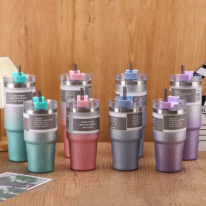 Teal and silver glitter insulated decorbites coffee cup thermos with pastel straw lids for stylish kitchen use