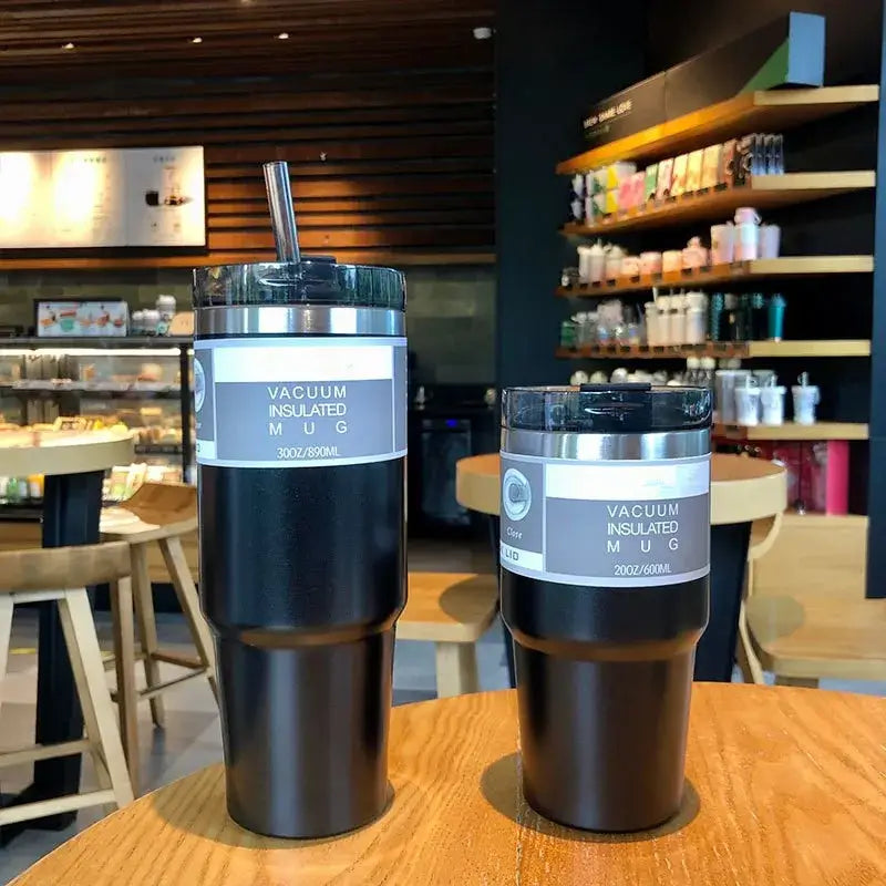 Black decorbites coffee cup thermos with silver lids and clear straw 30oz and 20oz insulated mugs for kitchen use