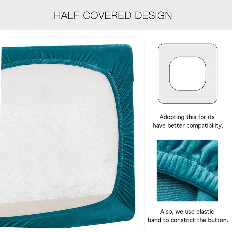 Teal velvet stretch sofa cushion cover with elastic band detailing for living room furniture protection