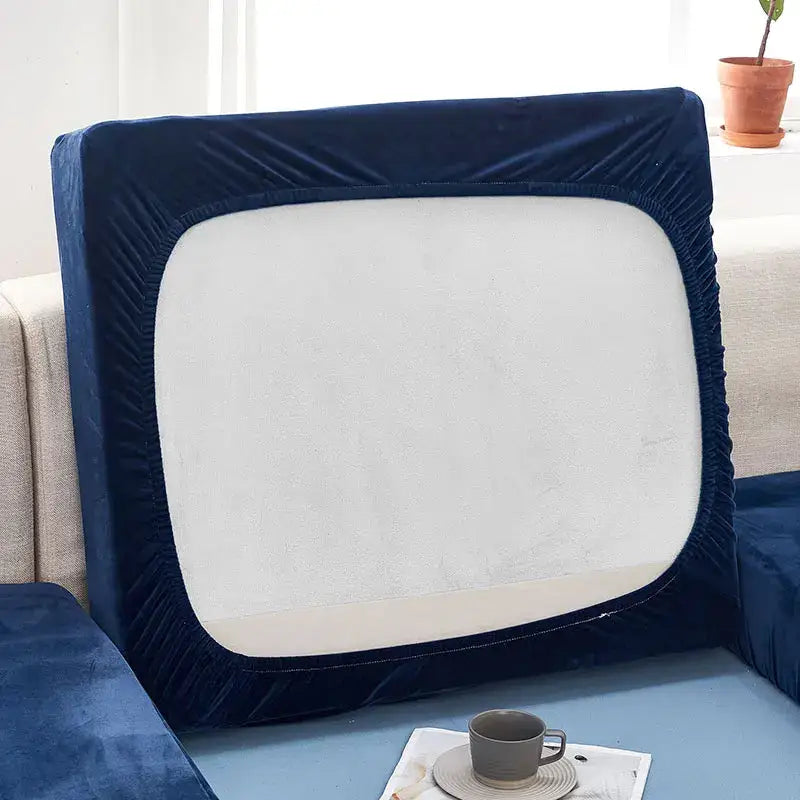 Deep navy velvet stretch sofa cushion cover with white inner lining snugly fitted for living room furniture protection