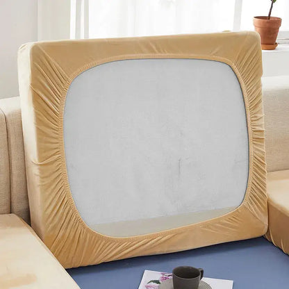 Beige velvet sofa cushion cover with elasticized edges and square cutout for teal velvet stretch sofa protector