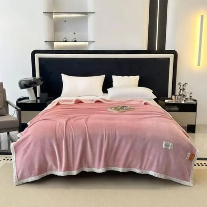 Teal and white cozy flannel nap blanket with pink plush and white lace trim for comfortable bedroom use