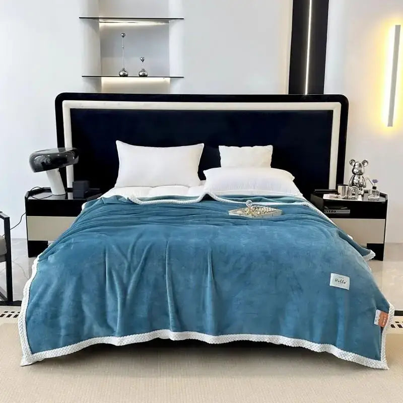 Teal plush cozy flannel nap blanket with white scalloped edge trim ideal for bedroom plush throw use