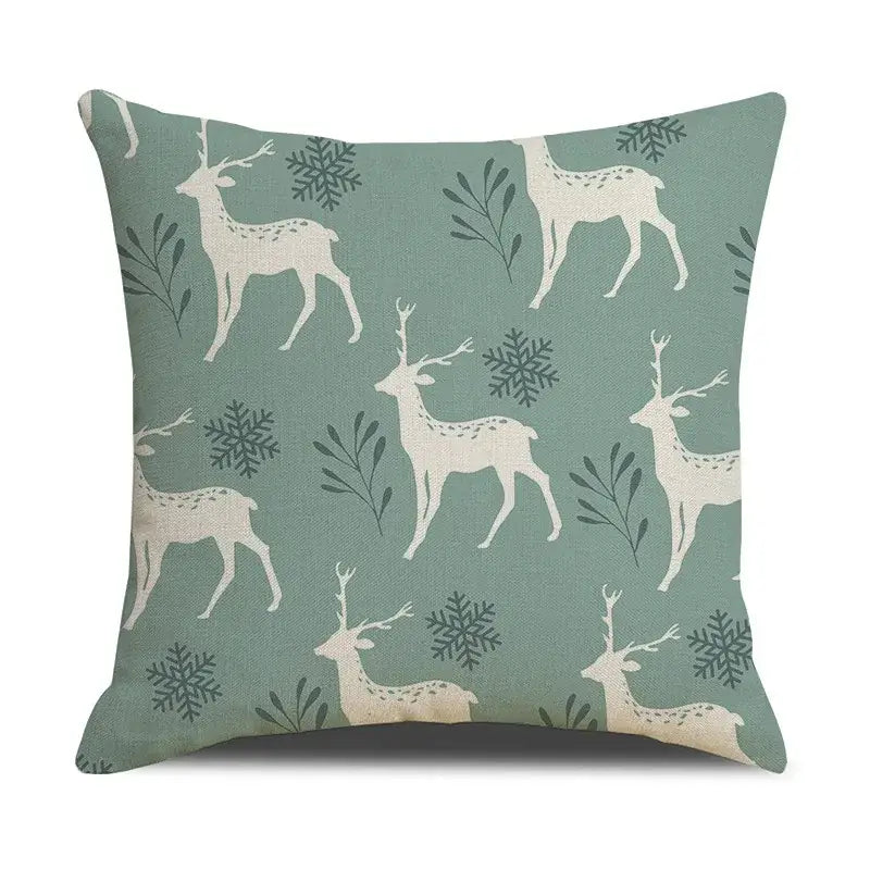 Teal and white deer grid line pillowcase set featuring a square cushion with white deer and dark green snowflakes decorbites deer grid