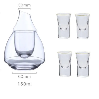 Clear glass wine pot with teardrop shape 150ml decanter and four gold rim shot glasses for dining room and bar