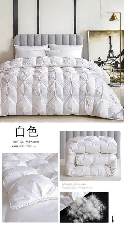 White goose down quilt with geometric diamond quilting pattern and thickened core for warmth and comfort