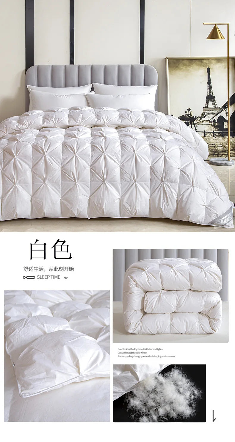 White goose down quilt with geometric diamond quilting pattern and thickened core for warmth and comfort