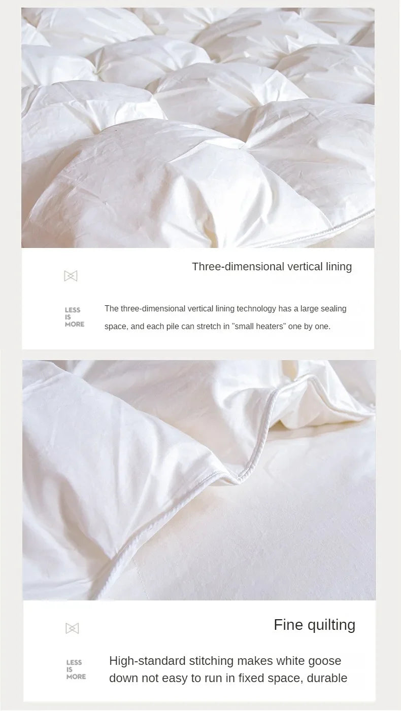White goose down comforter with three-dimensional vertical lining and fine quilting for warmth and comfort