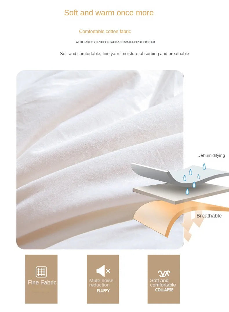 Soft white cotton fabric with velvet texture and fine yarn weave for a temperature controlled white goose down quilt