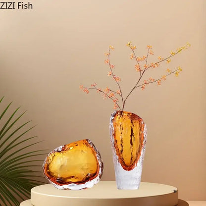 Amber glass vase with frosted white base and textured organic edges for living room decor by decorbites amber glass