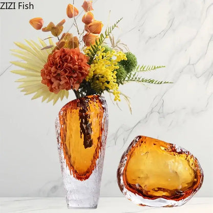 Amber glass vase with textured surface and modern organic shape for living room decor by decorbites amber glass