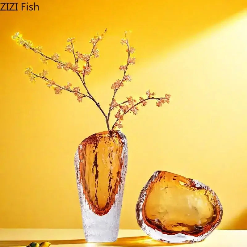 Textured amber glass vase with clear glass accents designed as a living room flower pot decorbites amber glass