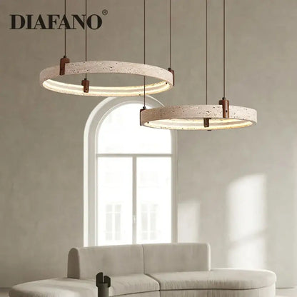 Two circular pendant lights with textured beige cave stone finish and copper accents for living room decorbites chandelier