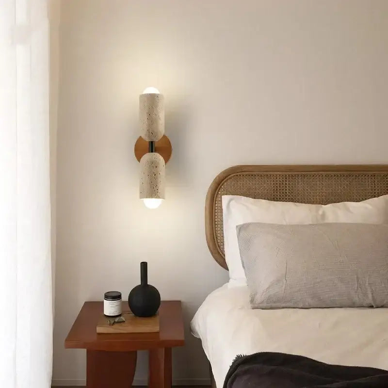 Beige terrazzo textured cylindrical wall light with wooden base decorbites led wall light for bedroom decor