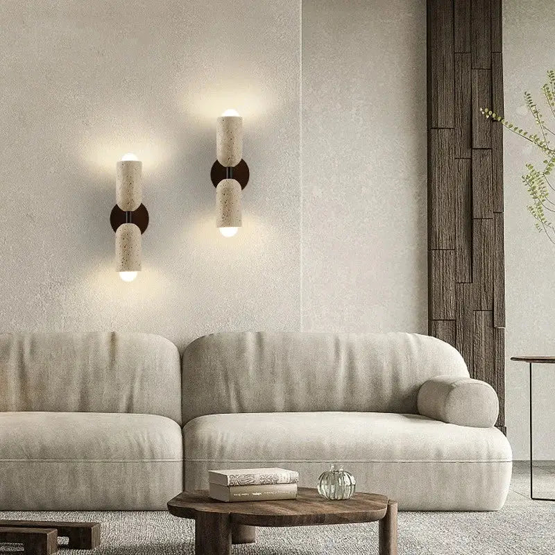 Modern beige stone textured concrete and wood decorbites led wall light with sleek minimalist design and warm ambient lighting