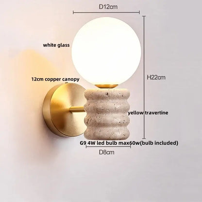 A modern decorbites led wall light featuring a white glass globe, 12cm copper canopy, and yellow travertine base