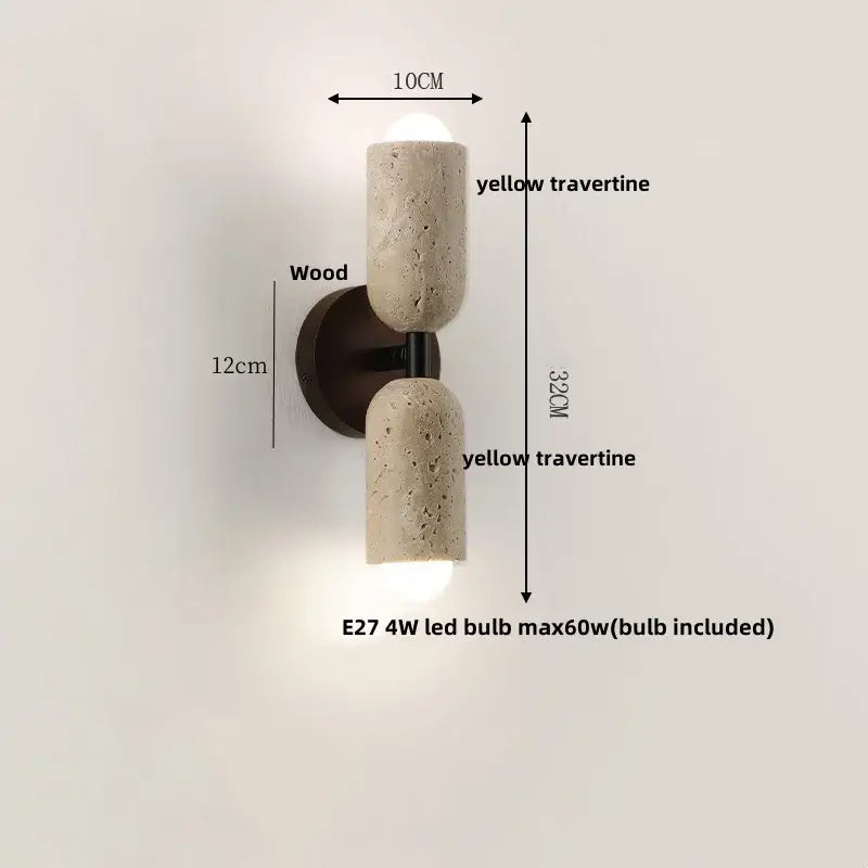 Yellow travertine wall light with wood backplate and black metal accents for decorbites led wall light bedroom sconce