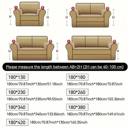 Beige textured sofa cover with anti-slip backing shown on upholstered armchairs and sofas with rolled arms in various sizes