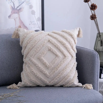Cream-colored textured diamond pattern cushion cover with beige tassels for decorbites beige tassels cushion decor