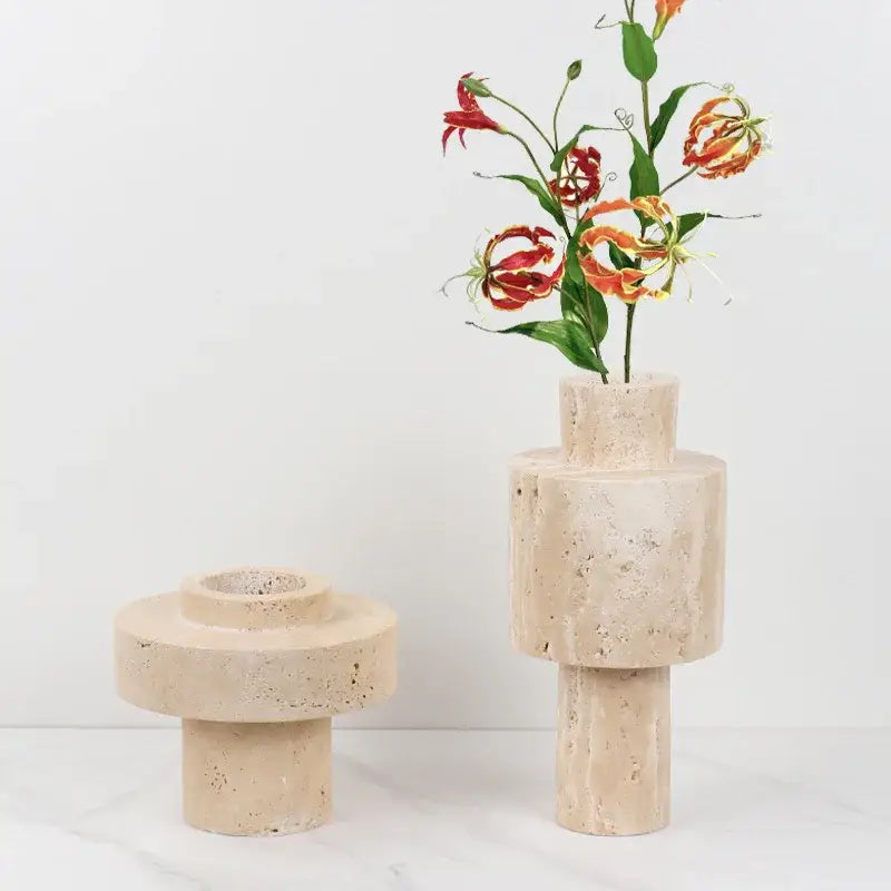 Textured beige travertine stone vase with stacked cylindrical segments for dining room decorbites beige travertine