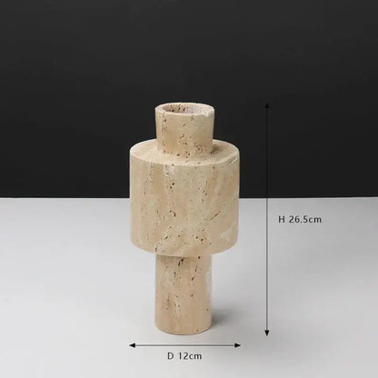 Beige travertine stone vase with textured stacked cylindrical sections ideal for dining room decorbites beige travertine