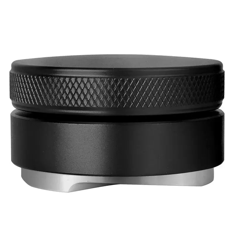 Black espresso distribution tool with textured grip ring and stainless steel base for precise espresso distribution