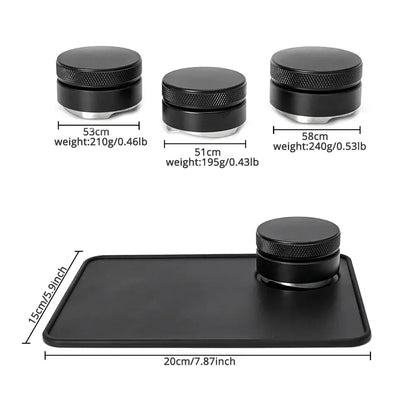 Textured black espresso distribution tool with knurled tops and metallic bases for precise espresso distribution