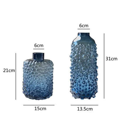 Two blue glass flower vases with textured bubble surface and darkened rims for living room hydroponic decorbites clear glass