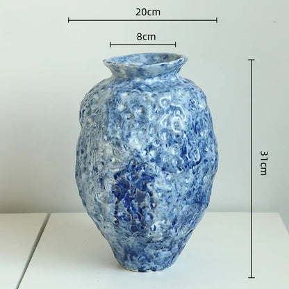 Textured blue ceramic vase with bulbous body and flared rim for ceramic vase hydroponic living room decorbites set