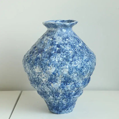 Textured blue ceramic vase with white pattern and flared rim for ceramic vase hydroponic living room decorbites set